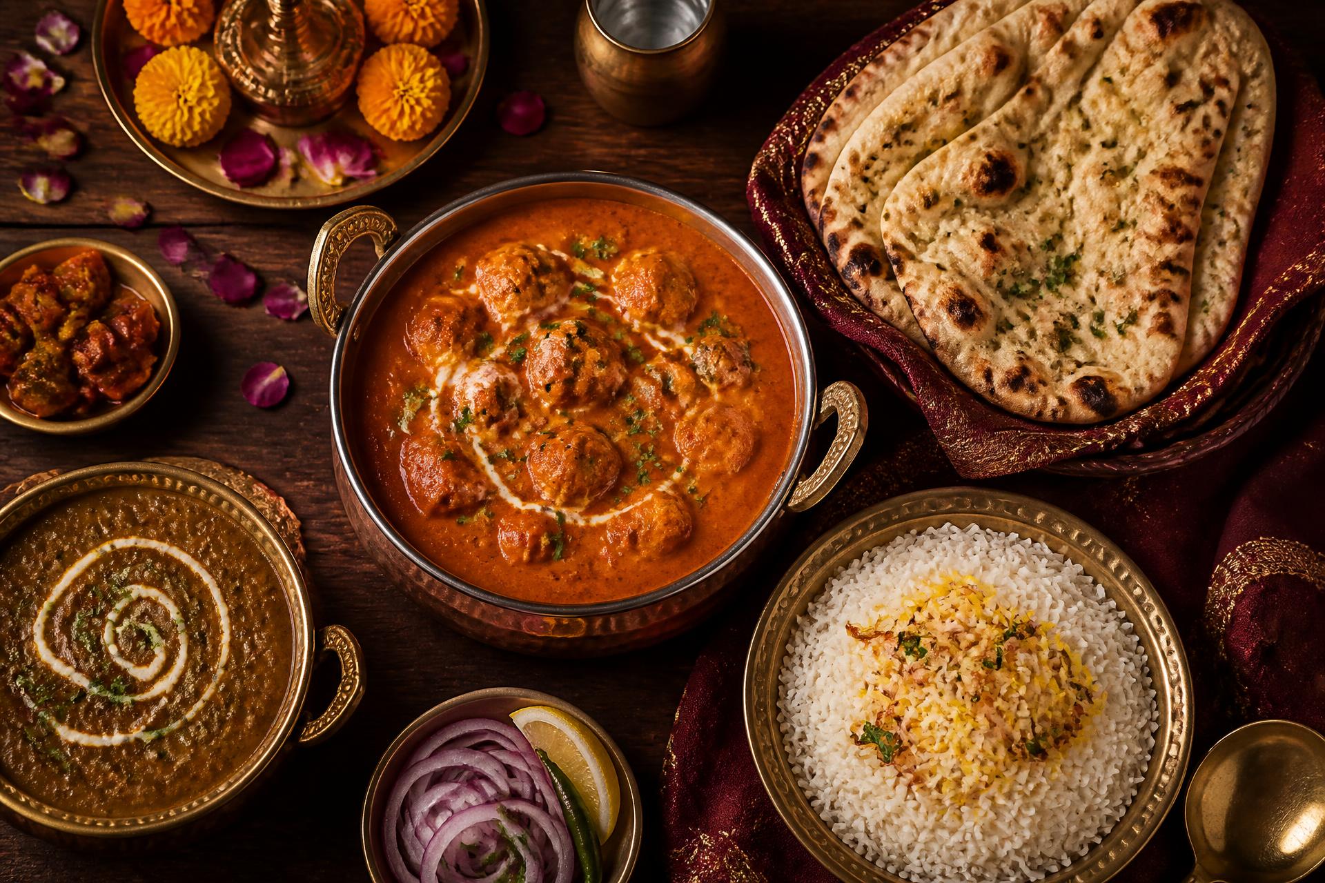 Punjabi feast of butter chicken, dal makhani, naan and saffron rice